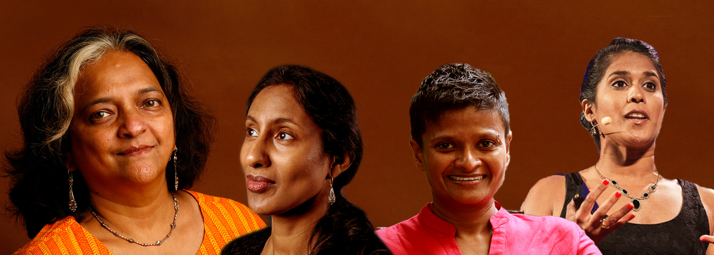 Four diverse women portraits against brown background