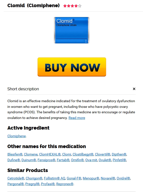 Clomid medication box with Buy Now button