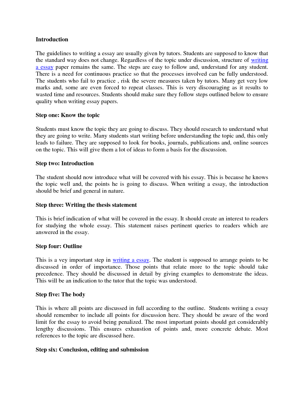 Printed essay-writing guide page with numbered steps